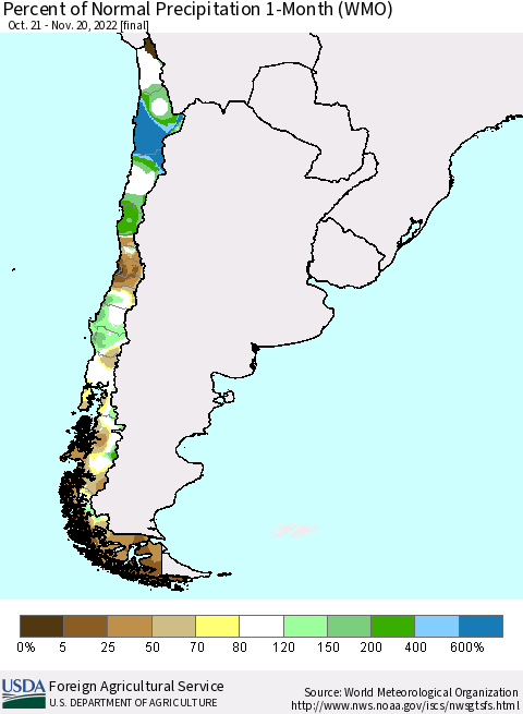 Chile Percent of Normal Precipitation 1-Month (WMO) Thematic Map For 10/21/2022 - 11/20/2022