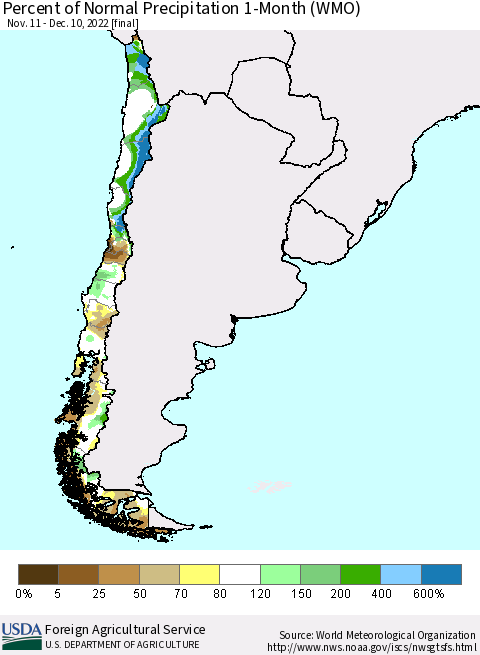 Chile Percent of Normal Precipitation 1-Month (WMO) Thematic Map For 11/11/2022 - 12/10/2022