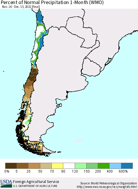 Chile Percent of Normal Precipitation 1-Month (WMO) Thematic Map For 11/16/2022 - 12/15/2022