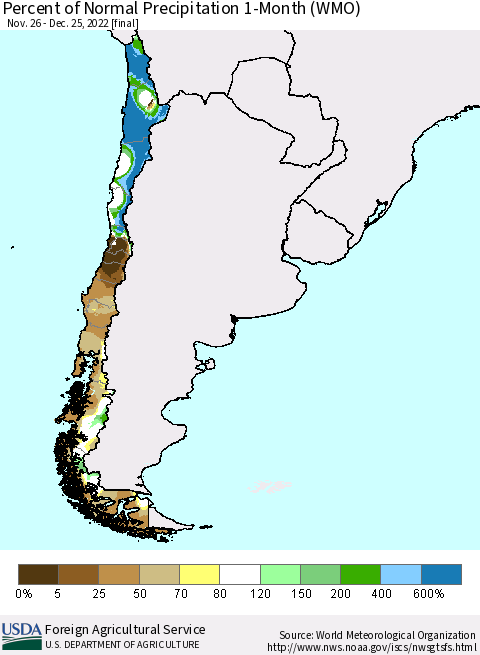 Chile Percent of Normal Precipitation 1-Month (WMO) Thematic Map For 11/26/2022 - 12/25/2022