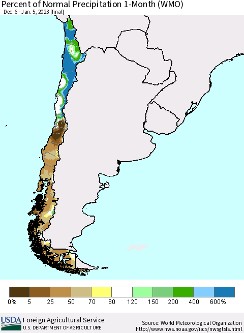 Chile Percent of Normal Precipitation 1-Month (WMO) Thematic Map For 12/6/2022 - 1/5/2023