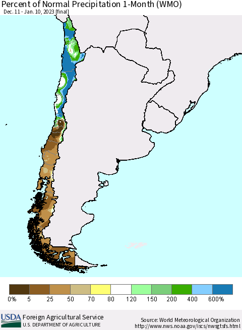Chile Percent of Normal Precipitation 1-Month (WMO) Thematic Map For 12/11/2022 - 1/10/2023
