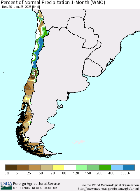 Chile Percent of Normal Precipitation 1-Month (WMO) Thematic Map For 12/26/2022 - 1/25/2023