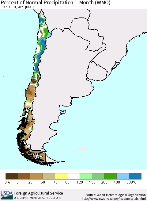 Chile Percent of Normal Precipitation 1-Month (WMO) Thematic Map For 1/1/2023 - 1/31/2023