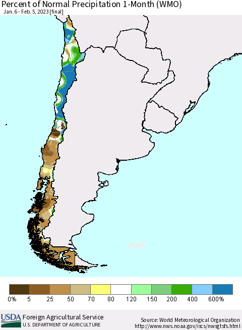 Chile Percent of Normal Precipitation 1-Month (WMO) Thematic Map For 1/6/2023 - 2/5/2023