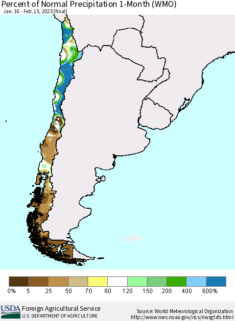 Chile Percent of Normal Precipitation 1-Month (WMO) Thematic Map For 1/16/2023 - 2/15/2023