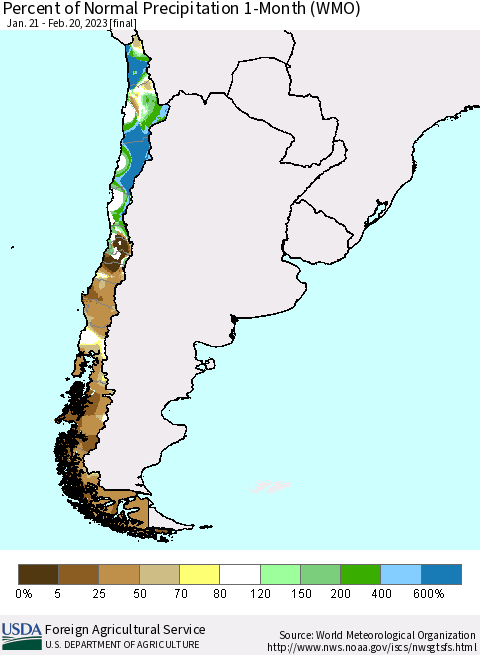 Chile Percent of Normal Precipitation 1-Month (WMO) Thematic Map For 1/21/2023 - 2/20/2023