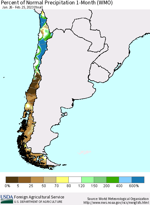 Chile Percent of Normal Precipitation 1-Month (WMO) Thematic Map For 1/26/2023 - 2/25/2023