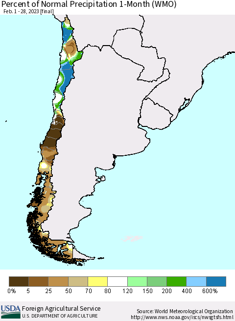 Chile Percent of Normal Precipitation 1-Month (WMO) Thematic Map For 2/1/2023 - 2/28/2023