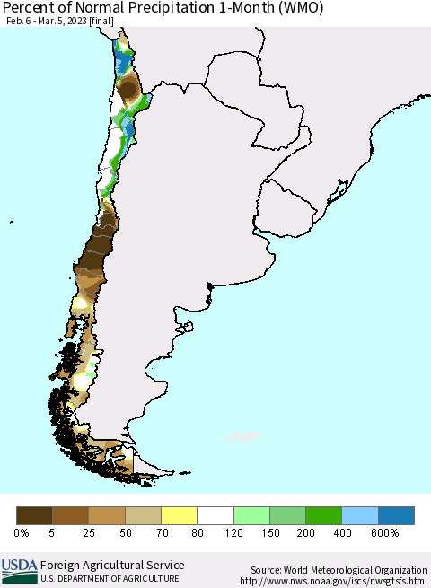 Chile Percent of Normal Precipitation 1-Month (WMO) Thematic Map For 2/6/2023 - 3/5/2023