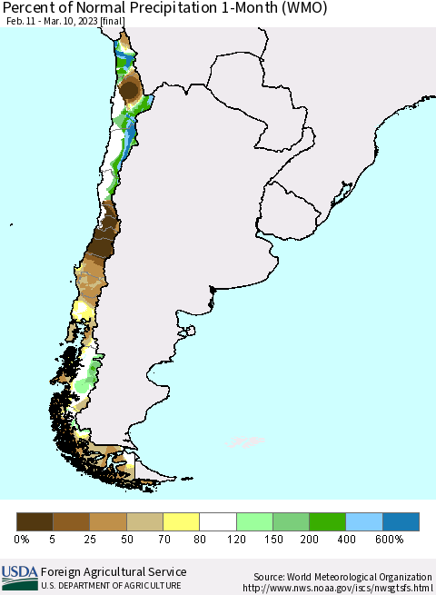 Chile Percent of Normal Precipitation 1-Month (WMO) Thematic Map For 2/11/2023 - 3/10/2023