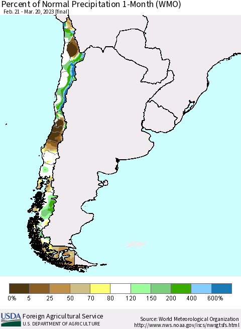 Chile Percent of Normal Precipitation 1-Month (WMO) Thematic Map For 2/21/2023 - 3/20/2023