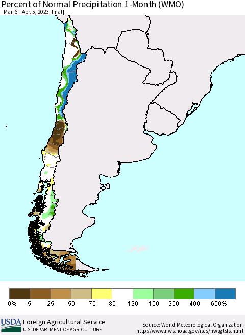 Chile Percent of Normal Precipitation 1-Month (WMO) Thematic Map For 3/6/2023 - 4/5/2023