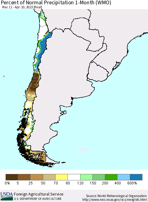 Chile Percent of Normal Precipitation 1-Month (WMO) Thematic Map For 3/11/2023 - 4/10/2023
