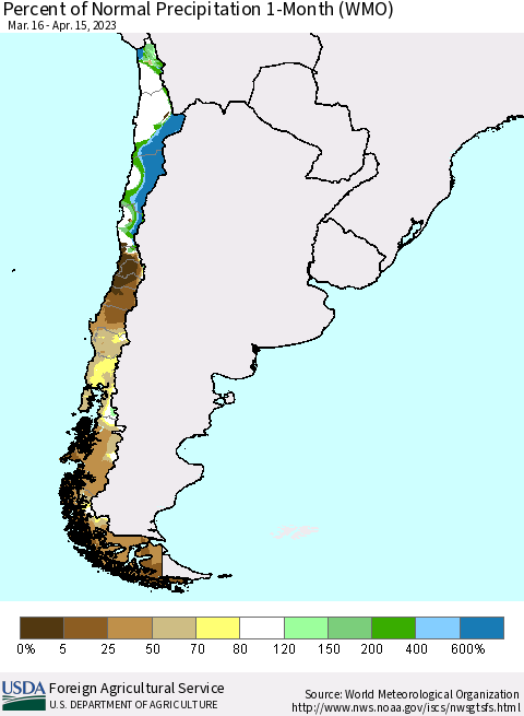 Chile Percent of Normal Precipitation 1-Month (WMO) Thematic Map For 3/16/2023 - 4/15/2023