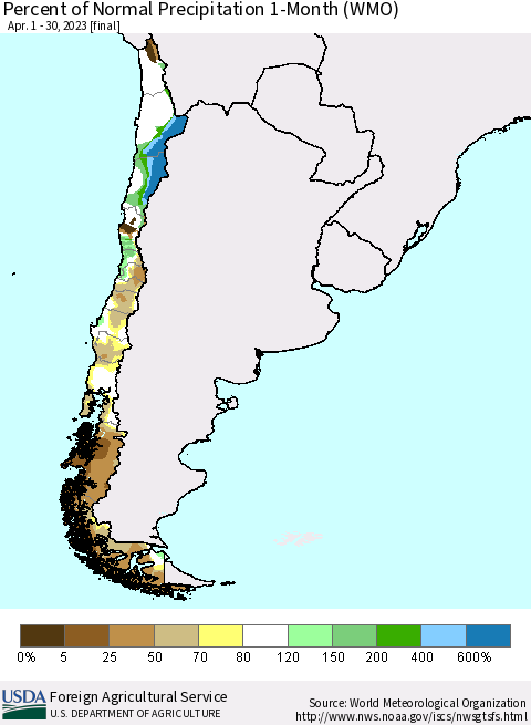 Chile Percent of Normal Precipitation 1-Month (WMO) Thematic Map For 4/1/2023 - 4/30/2023