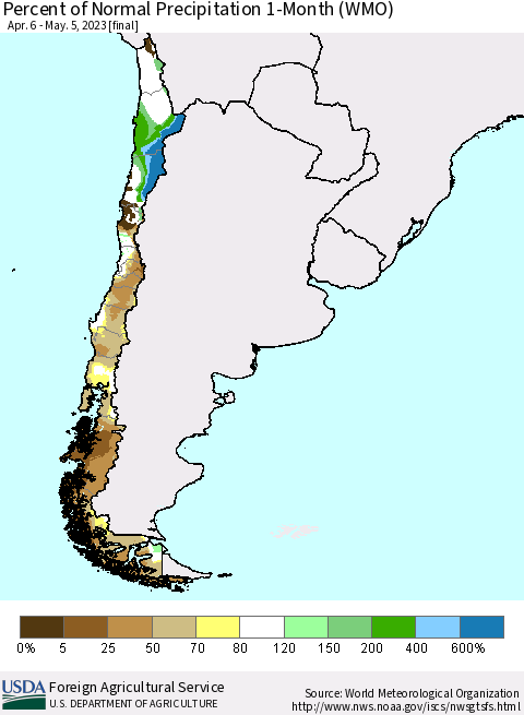 Chile Percent of Normal Precipitation 1-Month (WMO) Thematic Map For 4/6/2023 - 5/5/2023