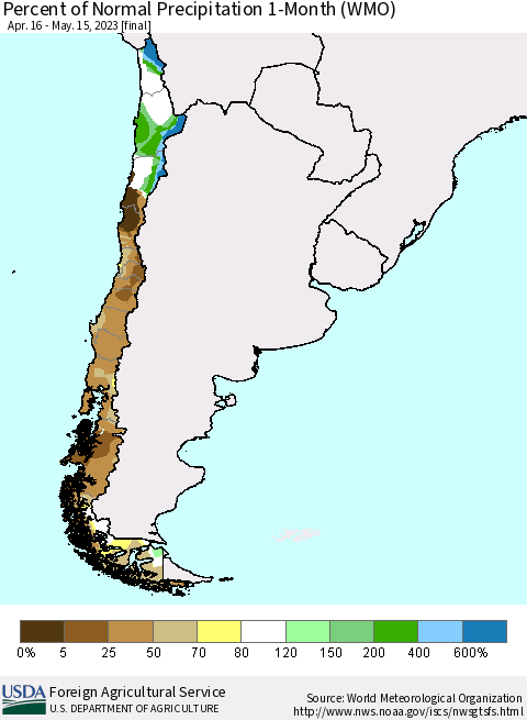 Chile Percent of Normal Precipitation 1-Month (WMO) Thematic Map For 4/16/2023 - 5/15/2023