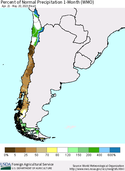 Chile Percent of Normal Precipitation 1-Month (WMO) Thematic Map For 4/21/2023 - 5/20/2023