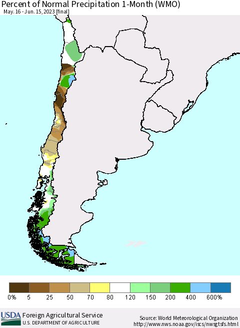 Chile Percent of Normal Precipitation 1-Month (WMO) Thematic Map For 5/16/2023 - 6/15/2023