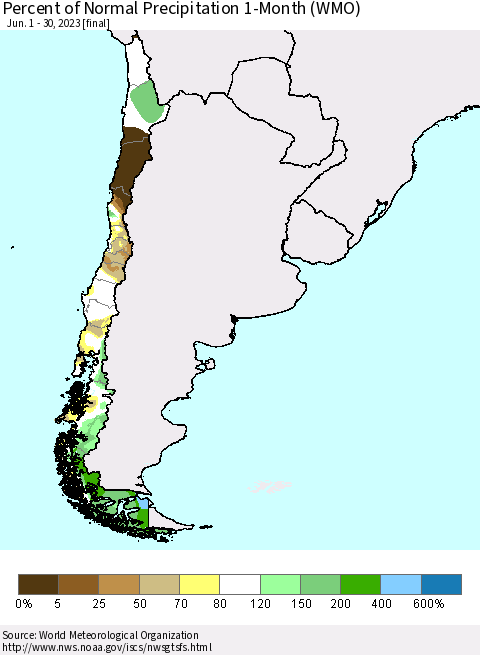 Chile Percent of Normal Precipitation 1-Month (WMO) Thematic Map For 6/1/2023 - 6/30/2023
