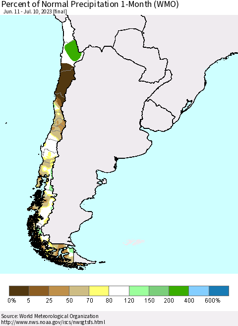 Chile Percent of Normal Precipitation 1-Month (WMO) Thematic Map For 6/11/2023 - 7/10/2023