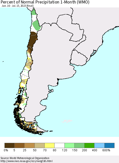 Chile Percent of Normal Precipitation 1-Month (WMO) Thematic Map For 6/16/2023 - 7/15/2023