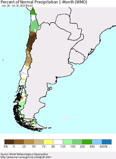 Chile Percent of Normal Precipitation 1-Month (WMO) Thematic Map For 6/26/2023 - 7/25/2023