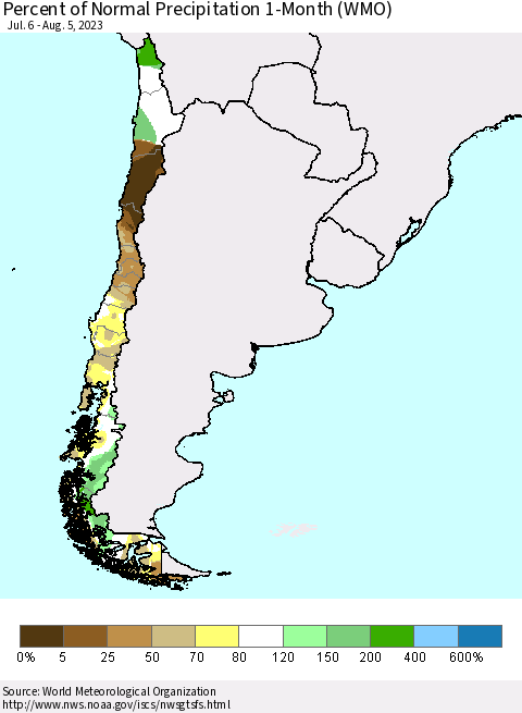 Chile Percent of Normal Precipitation 1-Month (WMO) Thematic Map For 7/6/2023 - 8/5/2023
