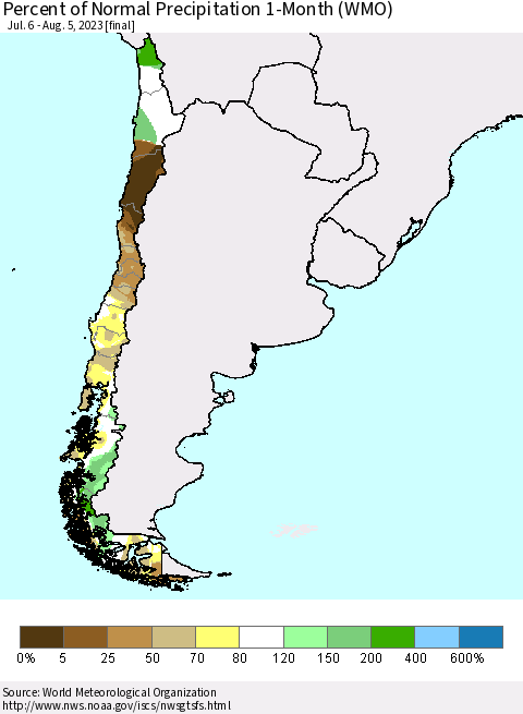 Chile Percent of Normal Precipitation 1-Month (WMO) Thematic Map For 7/6/2023 - 8/5/2023