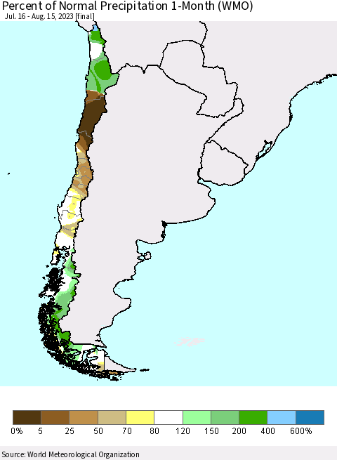 Chile Percent of Normal Precipitation 1-Month (WMO) Thematic Map For 7/16/2023 - 8/15/2023