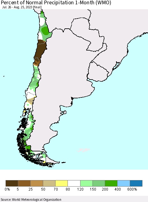 Chile Percent of Normal Precipitation 1-Month (WMO) Thematic Map For 7/26/2023 - 8/25/2023