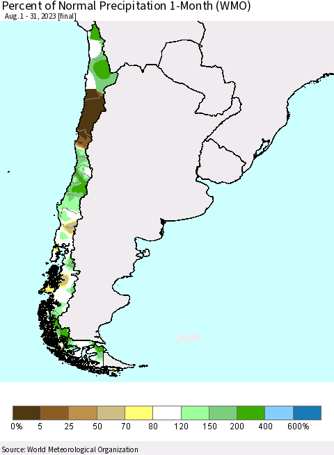 Chile Percent of Normal Precipitation 1-Month (WMO) Thematic Map For 8/1/2023 - 8/31/2023
