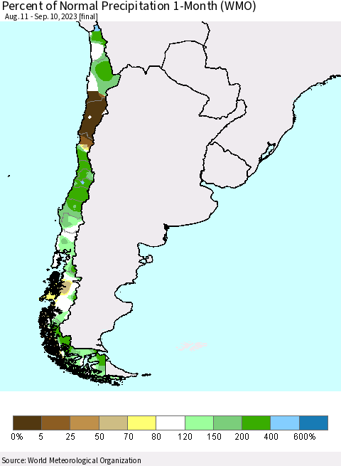 Chile Percent of Normal Precipitation 1-Month (WMO) Thematic Map For 8/11/2023 - 9/10/2023