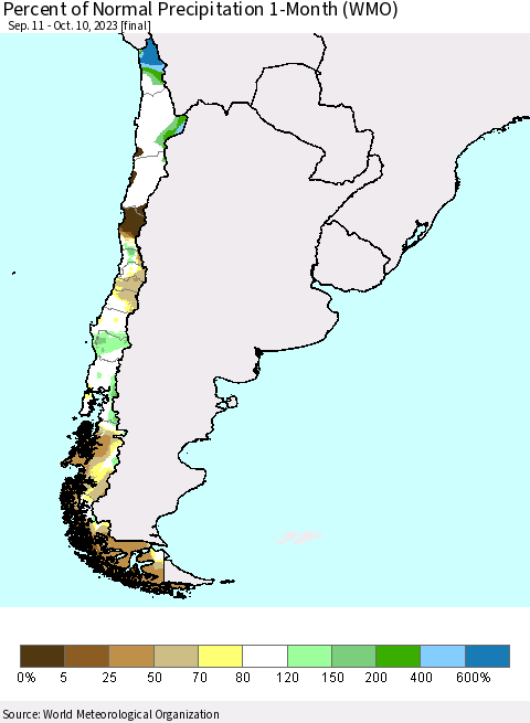 Chile Percent of Normal Precipitation 1-Month (WMO) Thematic Map For 9/11/2023 - 10/10/2023