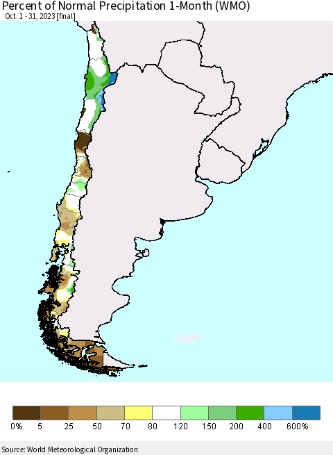 Chile Percent of Normal Precipitation 1-Month (WMO) Thematic Map For 10/1/2023 - 10/31/2023