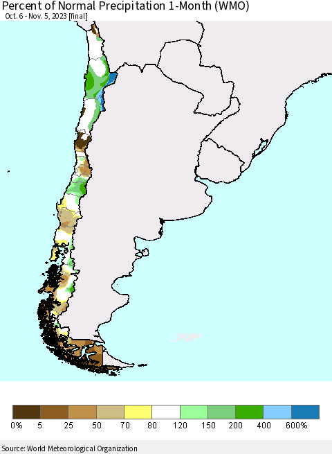 Chile Percent of Normal Precipitation 1-Month (WMO) Thematic Map For 10/6/2023 - 11/5/2023