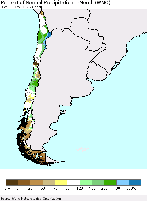Chile Percent of Normal Precipitation 1-Month (WMO) Thematic Map For 10/11/2023 - 11/10/2023
