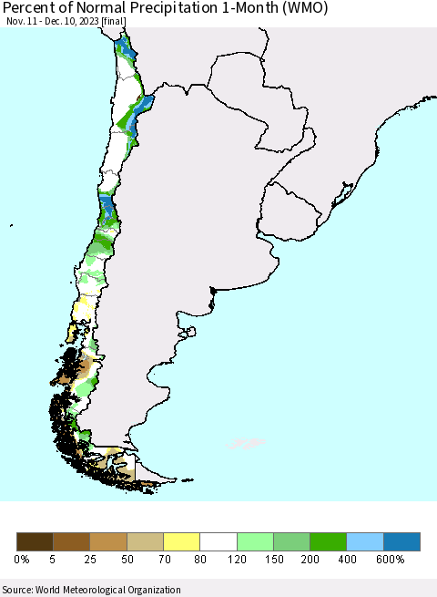 Chile Percent of Normal Precipitation 1-Month (WMO) Thematic Map For 11/11/2023 - 12/10/2023