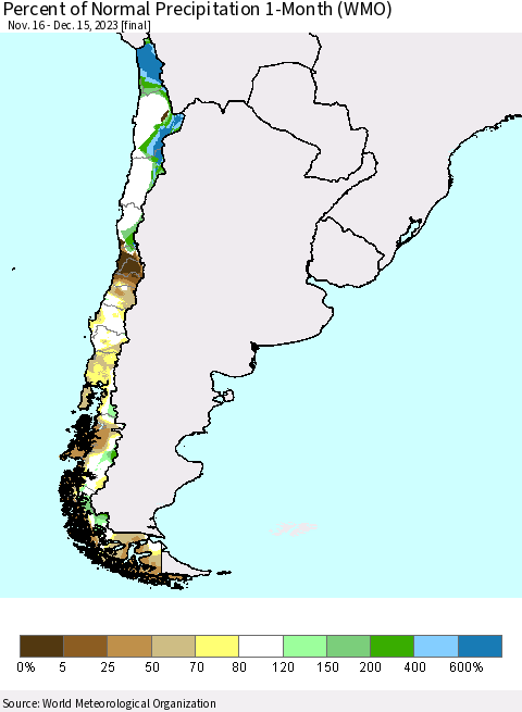 Chile Percent of Normal Precipitation 1-Month (WMO) Thematic Map For 11/16/2023 - 12/15/2023