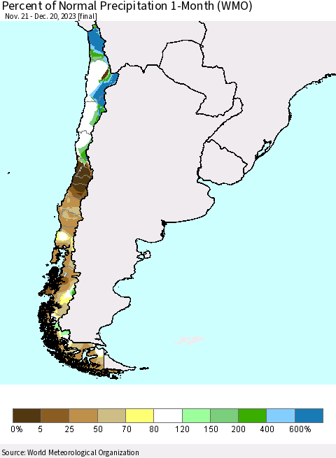 Chile Percent of Normal Precipitation 1-Month (WMO) Thematic Map For 11/21/2023 - 12/20/2023