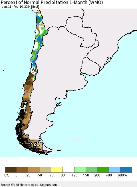 Chile Percent of Normal Precipitation 1-Month (WMO) Thematic Map For 1/11/2024 - 2/10/2024