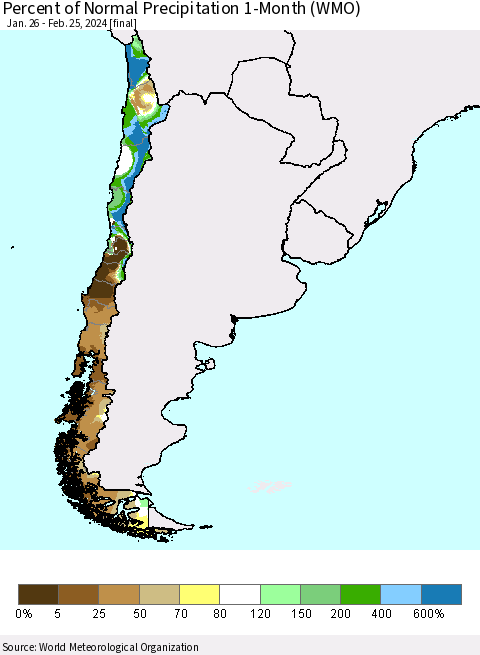 Chile Percent of Normal Precipitation 1-Month (WMO) Thematic Map For 1/26/2024 - 2/25/2024