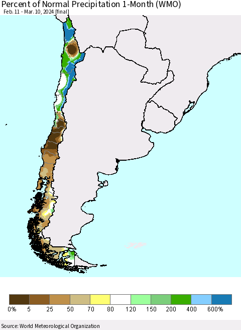 Chile Percent of Normal Precipitation 1-Month (WMO) Thematic Map For 2/11/2024 - 3/10/2024
