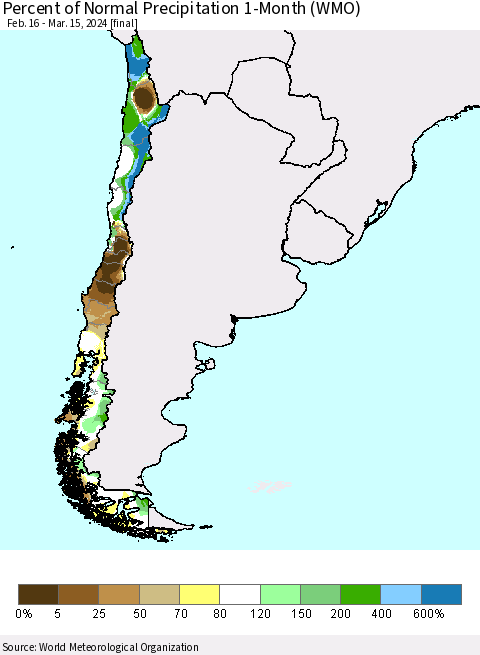 Chile Percent of Normal Precipitation 1-Month (WMO) Thematic Map For 2/16/2024 - 3/15/2024