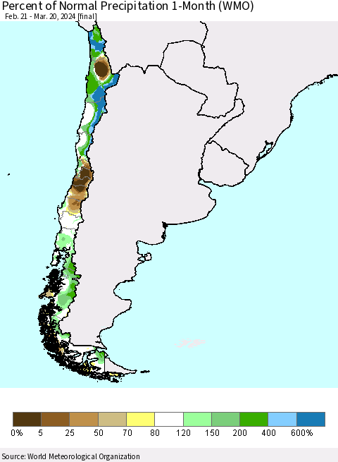 Chile Percent of Normal Precipitation 1-Month (WMO) Thematic Map For 2/21/2024 - 3/20/2024