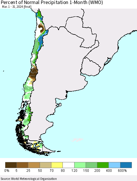 Chile Percent of Normal Precipitation 1-Month (WMO) Thematic Map For 3/1/2024 - 3/31/2024