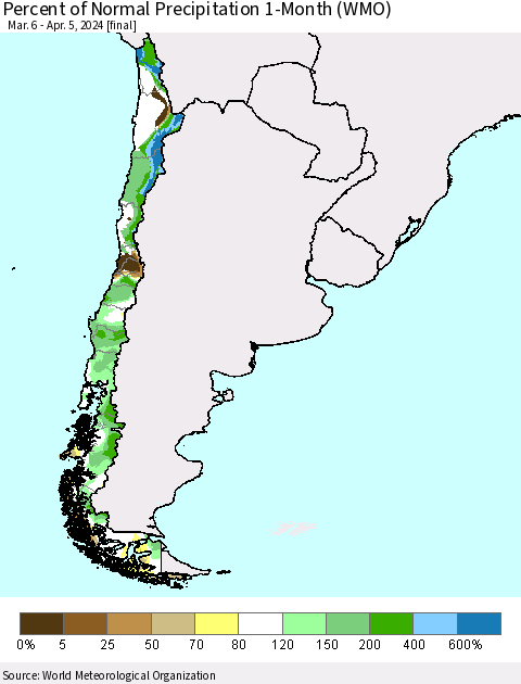 Chile Percent of Normal Precipitation 1-Month (WMO) Thematic Map For 3/6/2024 - 4/5/2024