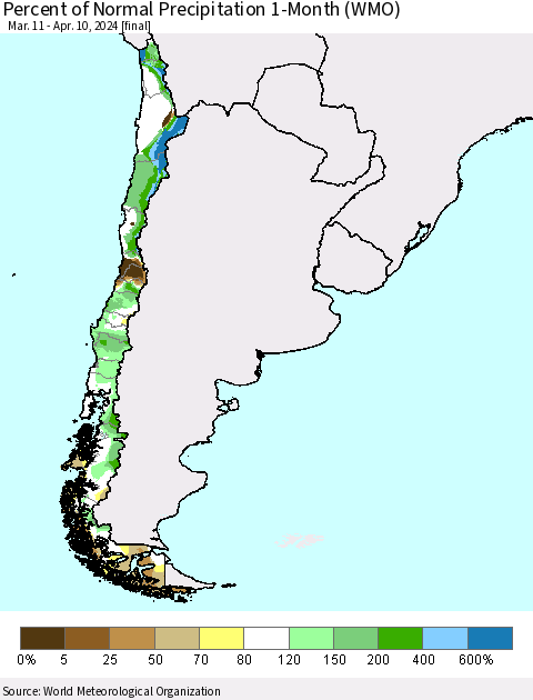 Chile Percent of Normal Precipitation 1-Month (WMO) Thematic Map For 3/11/2024 - 4/10/2024