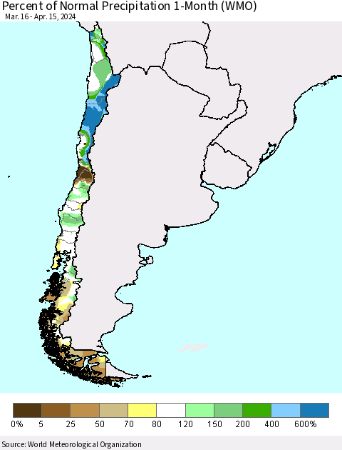 Chile Percent of Normal Precipitation 1-Month (WMO) Thematic Map For 3/16/2024 - 4/15/2024